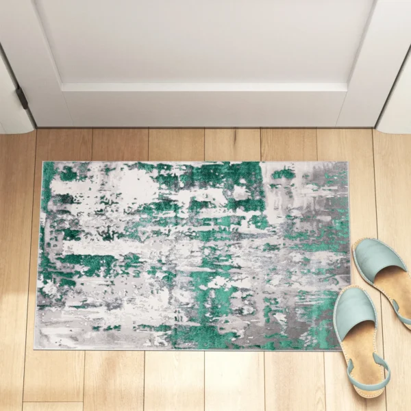 Modern Abstract Rug Emerald 60 x 110 cm Emerald modern abstract rug 60 x 110 cm, low pile with jute backing, in a living room