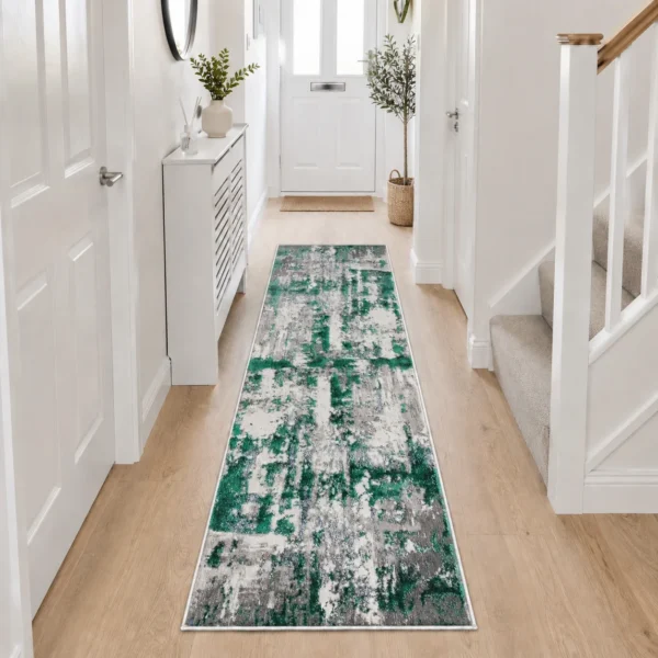 Modern Abstract Rug Emerald 60 x 220 cm Emerald modern abstract rug 60 x 220 cm, low pile with jute backing, in a living room