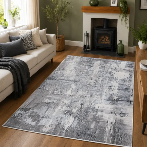 Modern Abstract Rug Grey 120 x 170 cm Grey modern abstract rug 120 x 170 cm, low pile with jute backing, in a living room