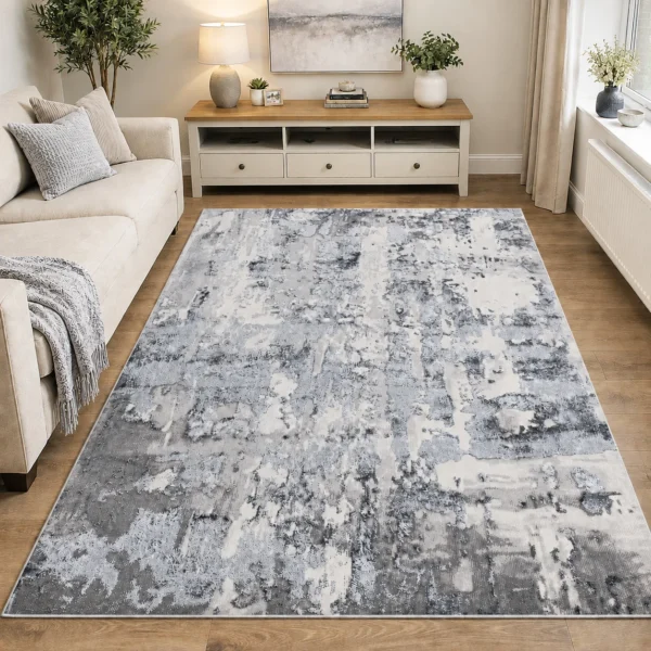 Grey modern abstract rug 160 x 230 cm, low pile with jute backing, in a living room