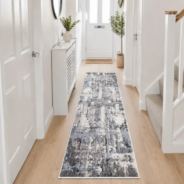 Grey modern abstract rug 60 x 220 cm, low pile with jute backing, in a living room