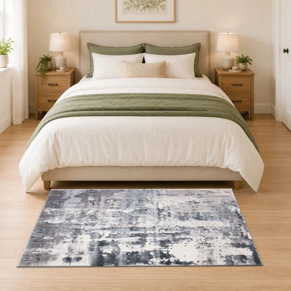 Grey modern abstract rug 80 x 150 cm, low pile with jute backing, in a living room