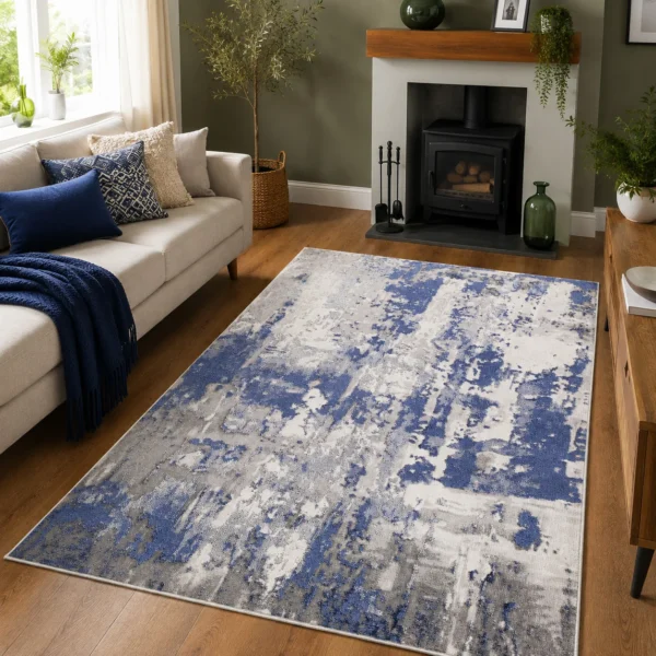 Navy modern abstract rug 120 x 170 cm, low pile with jute backing, in a living room