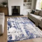Navy modern abstract rug 200 x 290 cm, low pile with jute backing, in a living room