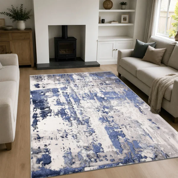 Modern Abstract Rug Navy 200 x 290 cm Navy modern abstract rug 200 x 290 cm, low pile with jute backing, in a living room