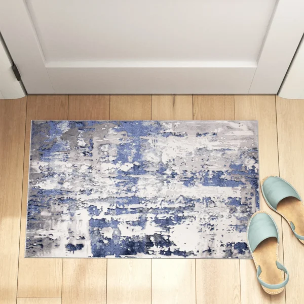Modern Abstract Rug Navy 60 x 110 cm Navy modern abstract rug 60 x 110 cm, low pile with jute backing, in a living room