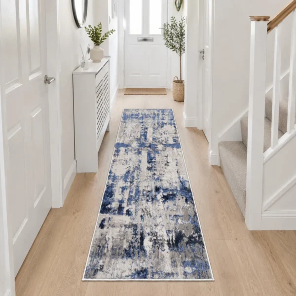 Modern Abstract Rug Navy 60 x 220 cm Navy modern abstract rug 60 x 220 cm, low pile with jute backing, in a living room