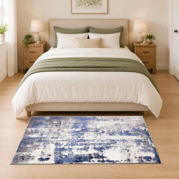 Modern Abstract Rug Navy 80 x 150 cm Navy modern abstract rug 80 x 150 cm, low pile with jute backing, in a living room