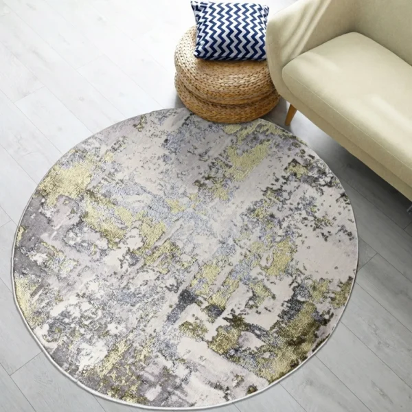 Ochre modern abstract rug 120 x 120 cm, low pile with jute backing, in a living room