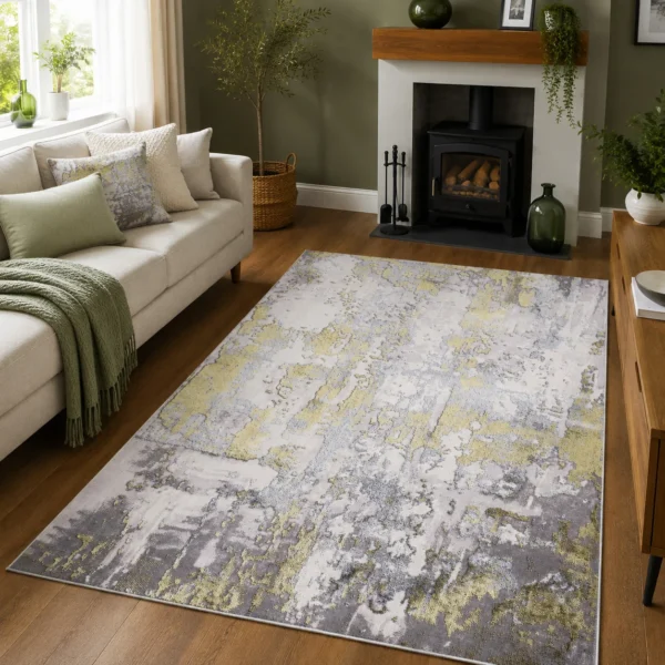 Ochre modern abstract rug 120 x 170 cm, low pile with jute backing, in a living room