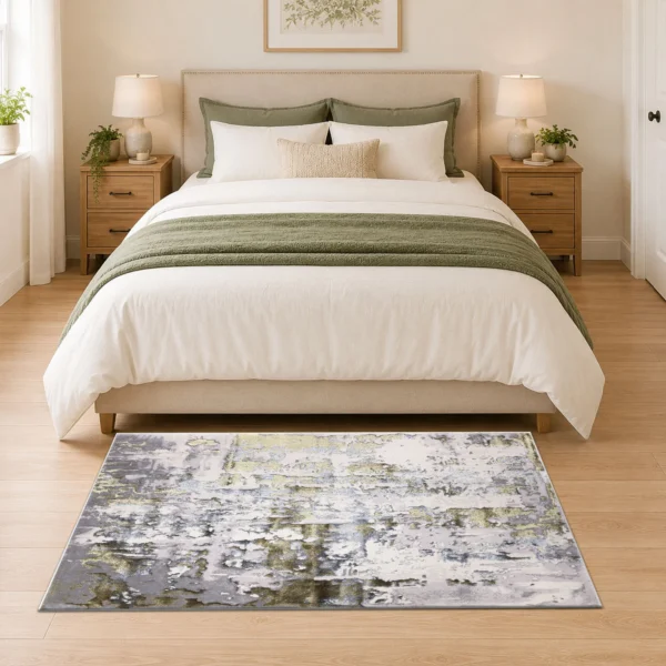 Modern Abstract Rug Ochre 80 x 150 cm Ochre modern abstract rug 80 x 150 cm, low pile with jute backing, in a living room