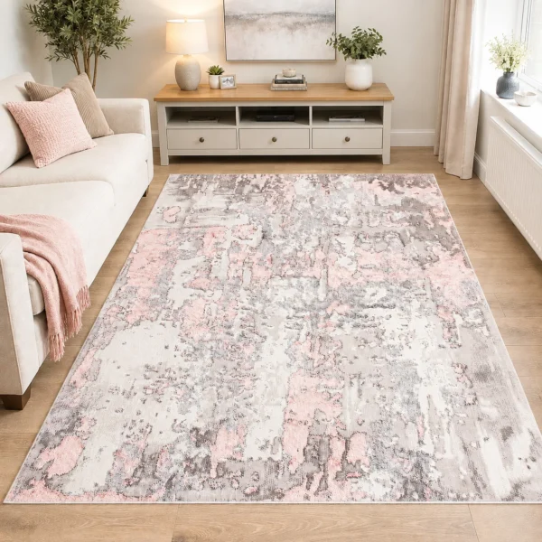 Modern Abstract Rug Pink 160 x 230 cm Pink modern abstract rug 160 x 230 cm, low pile with jute backing, in a living room