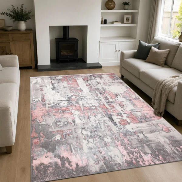 Pink modern abstract rug 200 x 290 cm, low pile with jute backing, in a living room