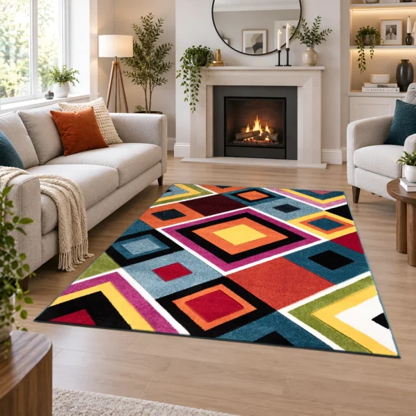 Multi Colour Rug Box 120 x 170 cm Multi Box multicolour geometric rug 120 x 170 cm, medium pile with jute backing, in a living room