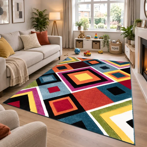 Multi Box multicolour geometric rug 160 x 230 cm, medium pile with jute backing, in a living room