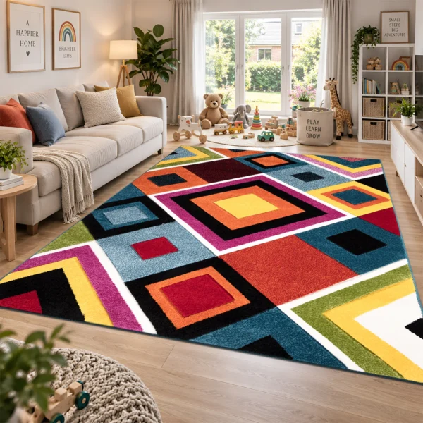 Multi Box multicolour geometric rug 200 x 290 cm, medium pile with jute backing, in a living room