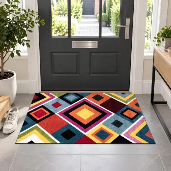 Multi Colour Rug Box 60 x 110 cm Multi Box multicolour geometric rug 60 x 110 cm, medium pile with jute backing, in a living room