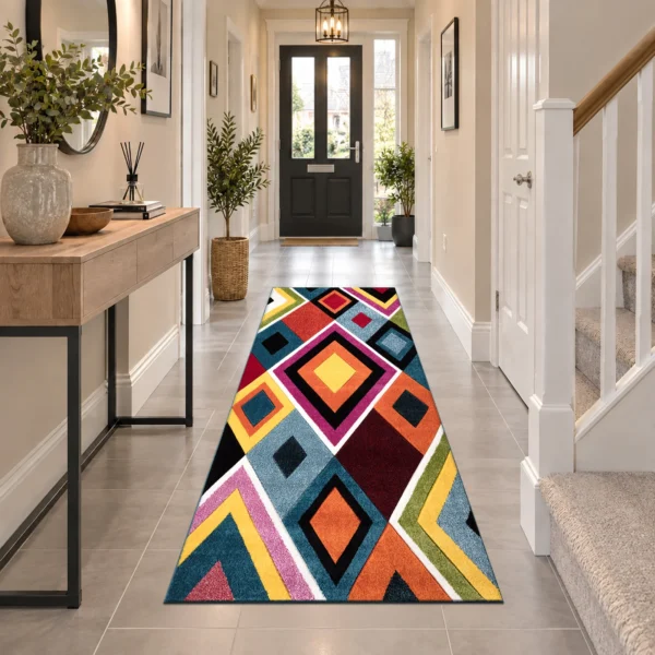 Multi Box multicolour geometric rug 60 x 220 cm, medium pile with jute backing, in a living room