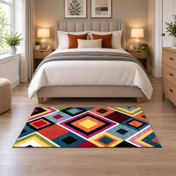 Multi Box multicolour geometric rug 80 x 150 cm, medium pile with jute backing, in a living room