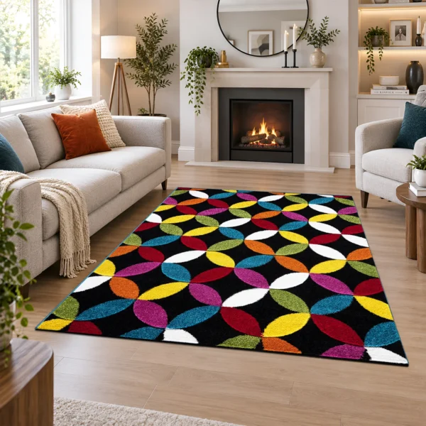 Multi Circles Black multicolour geometric rug 120 x 170 cm, medium pile with jute backing, in a living room