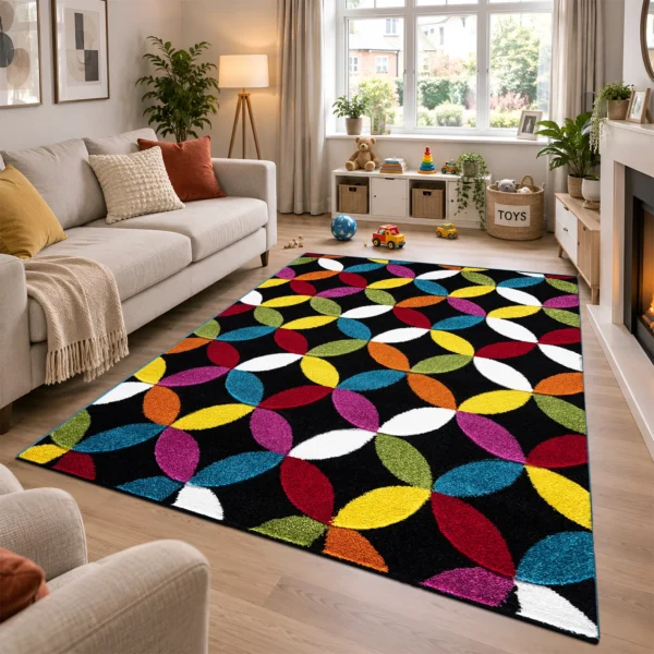 Multi Circles Black multicolour geometric rug 160 x 230 cm, medium pile with jute backing, in a living room