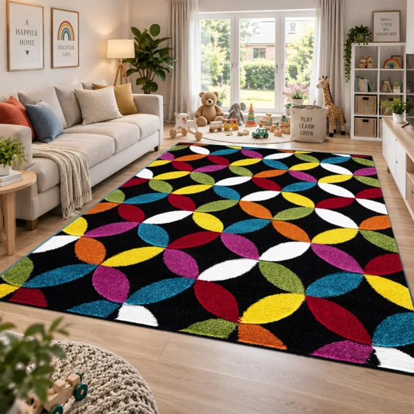 Multi Colour Rug Circles Black 200 x 290 cm Multi Circles Black multicolour geometric rug 200 x 290 cm, medium pile with jute backing, in a living room