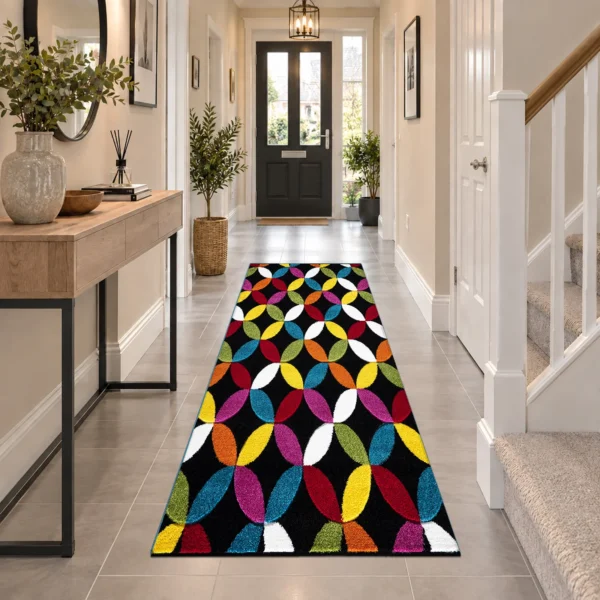 Multi Circles Black multicolour geometric rug 60 x 220 cm, medium pile with jute backing, in a living room