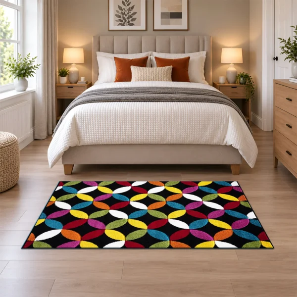 Multi Colour Rug Circles Black 80 x 150 cm Multi Circles Black multicolour geometric rug 80 x 150 cm, medium pile with jute backing, in a living room