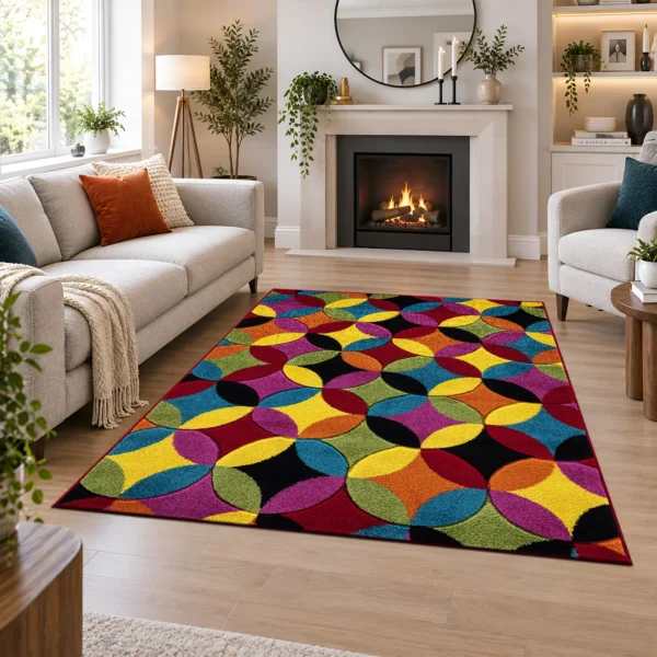 Multi Colour Rug Circles Bright 120 x 170 cm Multi Circles Bright multicolour geometric rug 120 x 170 cm, medium pile with jute backing, in a living room