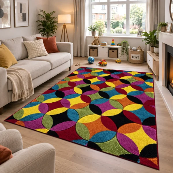 Multi Circles Bright multicolour geometric rug 160 x 230 cm, medium pile with jute backing, in a living room