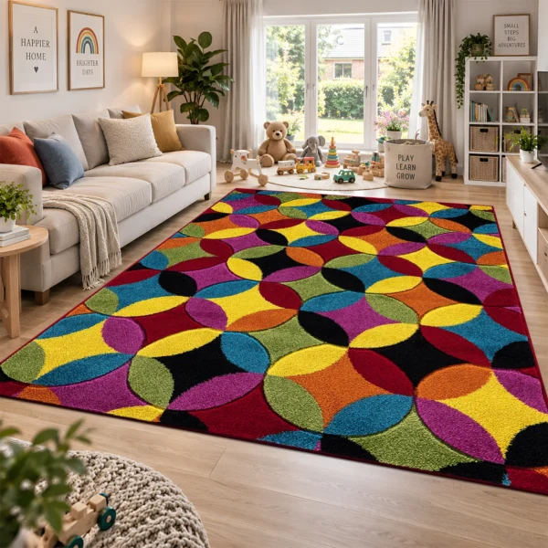 Multi Circles Bright multicolour geometric rug 200 x 290 cm, medium pile with jute backing, in a living room