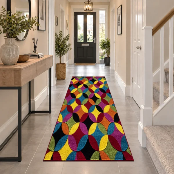 Multi Circles Bright multicolour geometric rug 60 x 220 cm, medium pile with jute backing, in a living room