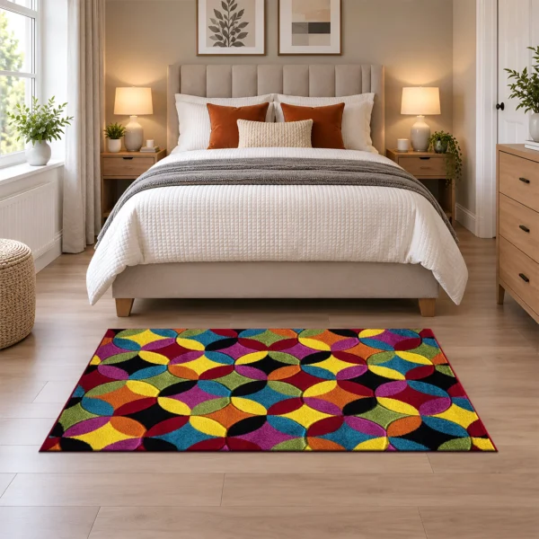 Multi Colour Rug Circles Bright 80 x 150 cm Multi Circles Bright multicolour geometric rug 80 x 150 cm, medium pile with jute backing, in a living room
