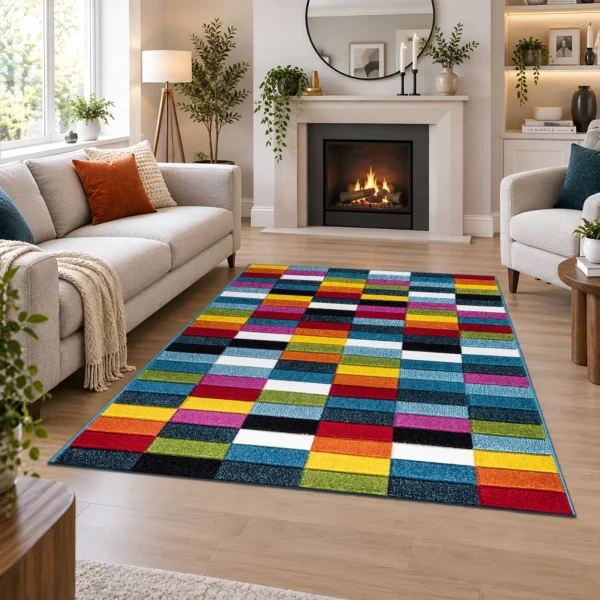 Multi Colour Rug Cube 120 x 170 cm Multi Cube multicolour geometric rug 120 x 170 cm, medium pile with jute backing, in a living room