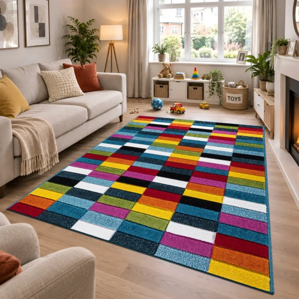 Multi Cube multicolour geometric rug 160 x 230 cm, medium pile with jute backing, in a living room
