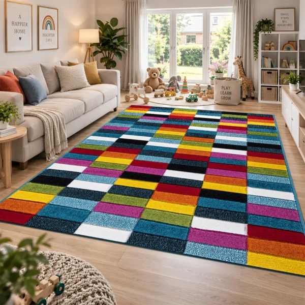 Multi Cube multicolour geometric rug 200 x 290 cm, medium pile with jute backing, in a living room