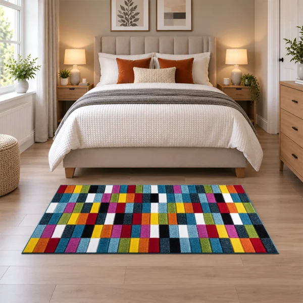 Multi Cube multicolour geometric rug 80 x 150 cm, medium pile with jute backing, in a living room