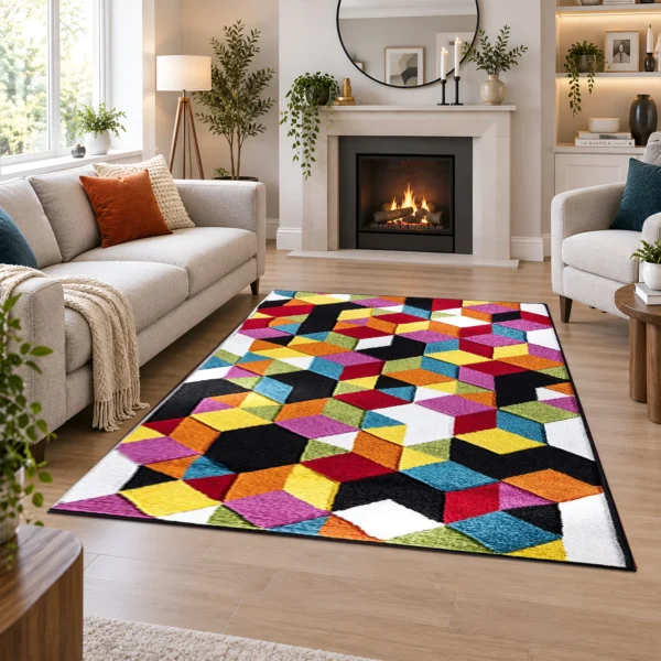 Multi Diamond multicolour geometric rug 120 x 170 cm, medium pile with jute backing, in a living room
