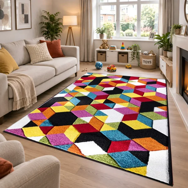 Multi Diamond multicolour geometric rug 160 x 230 cm, medium pile with jute backing, in a living room