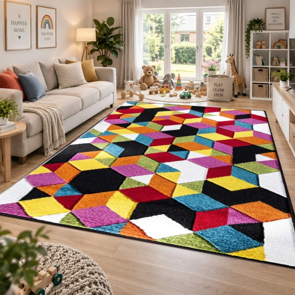 Multi Colour Rug Diamond 200 x 290 cm Multi Diamond multicolour geometric rug 200 x 290 cm, medium pile with jute backing, in a living room