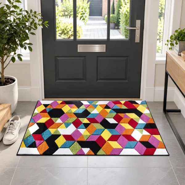 Multi Colour Rug Diamond 60 x 110 cm Multi Diamond multicolour geometric rug 60 x 110 cm, medium pile with jute backing, in a living room