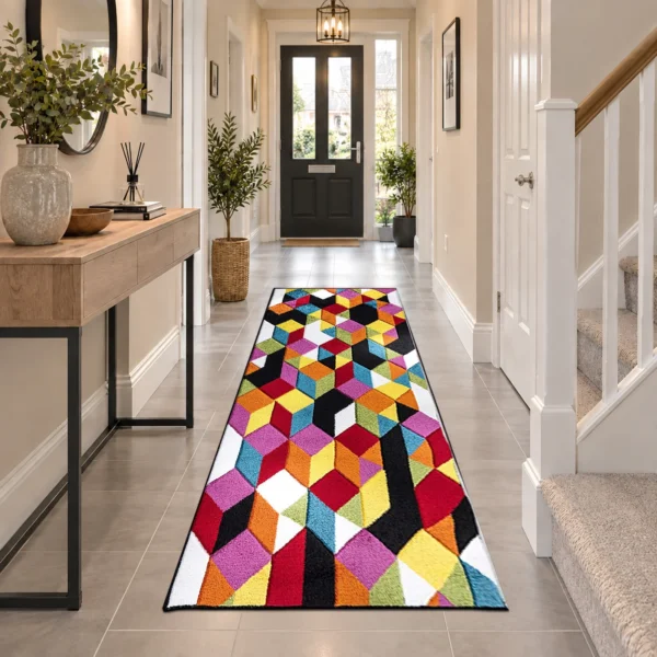 Multi Diamond multicolour geometric rug 60 x 220 cm, medium pile with jute backing, in a living room