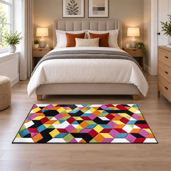 Multi Colour Rug Diamond 80 x 150 cm Multi Diamond multicolour geometric rug 80 x 150 cm, medium pile with jute backing, in a living room