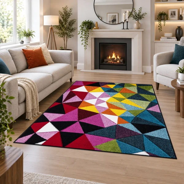 Multi Colour Rug Geo Play 120 x 170 cm Multi Geo Play multicolour geometric rug 120 x 170 cm, medium pile with jute backing, in a living room