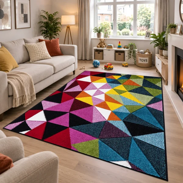 Multi Geo Play multicolour geometric rug 160 x 230 cm, medium pile with jute backing, in a living room