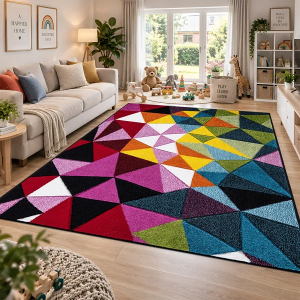 Multi Geo Play multicolour geometric rug 200 x 290 cm, medium pile with jute backing, in a living room