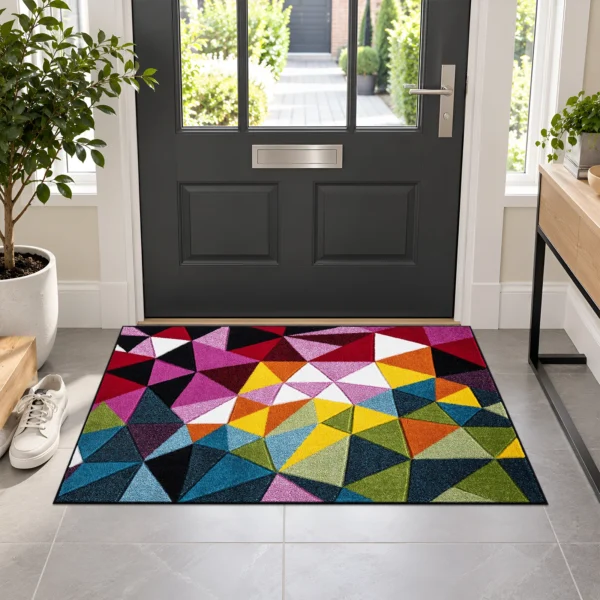 Multi Geo Play multicolour geometric rug 60 x 110 cm, medium pile with jute backing, in a living room