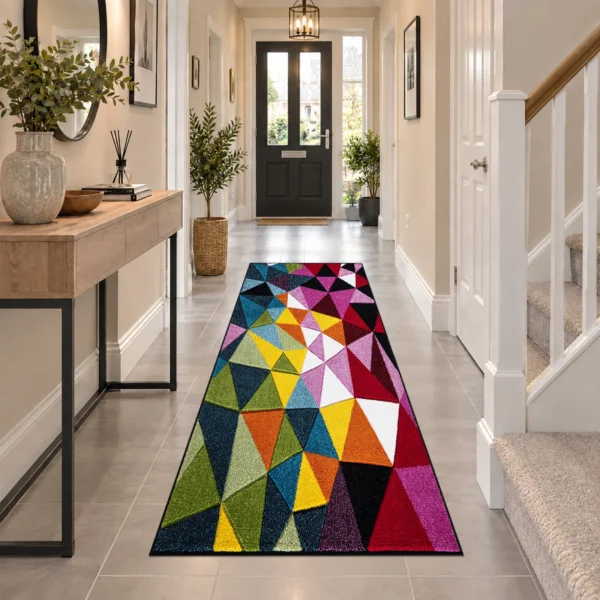 Multi Geo Play multicolour geometric rug 60 x 220 cm, medium pile with jute backing, in a living room