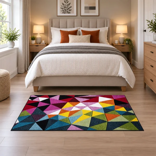 Multi Geo Play multicolour geometric rug 80 x 150 cm, medium pile with jute backing, in a living room