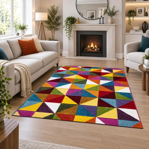 Multi Colour Rug Geometric Triangle 120 x 170 cm Multi Geometric Triangle multicolour geometric rug 120 x 170 cm, medium pile with jute backing, in a living room